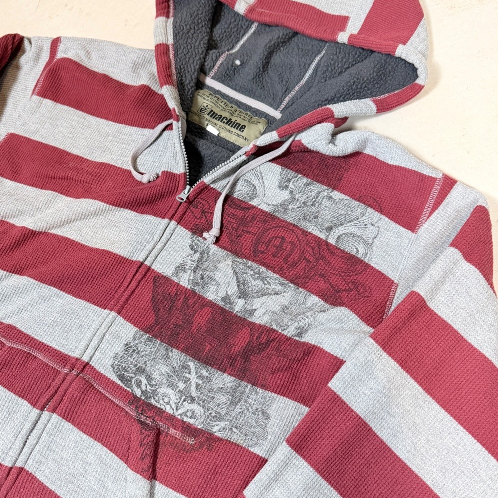 Machine Mens XL Waffle Sherpa Lined Zip Hoodie Striped Graphic Burgundy Grey